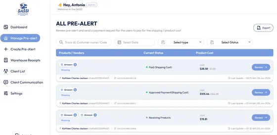 SASSI Admin Portal — Warehouse Receiving Dashboard